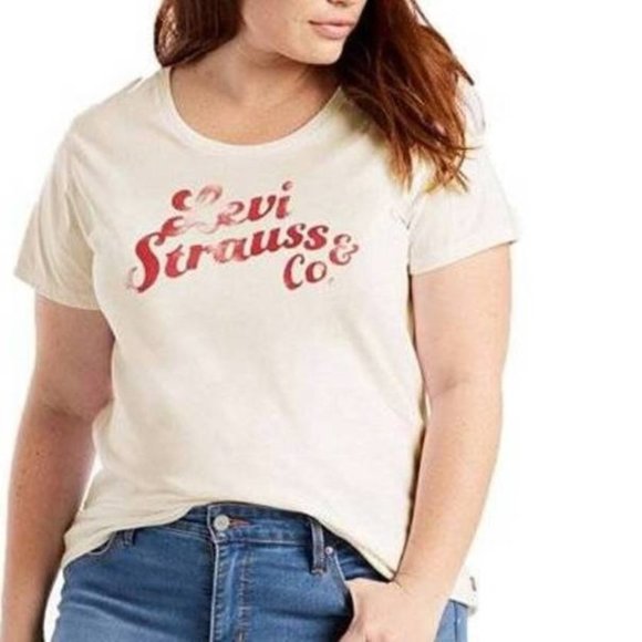 Womens Levis T-Shirt Beige 2X Short Sleeve Knit Crewneck Loose Fit Plus Top - Picture 1 of 4